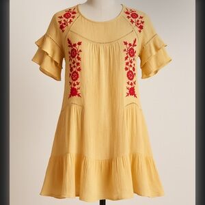 Altar’d State Boho Embroidered Ruffle Sleeve Mini Dress Yellow Red Floral XS